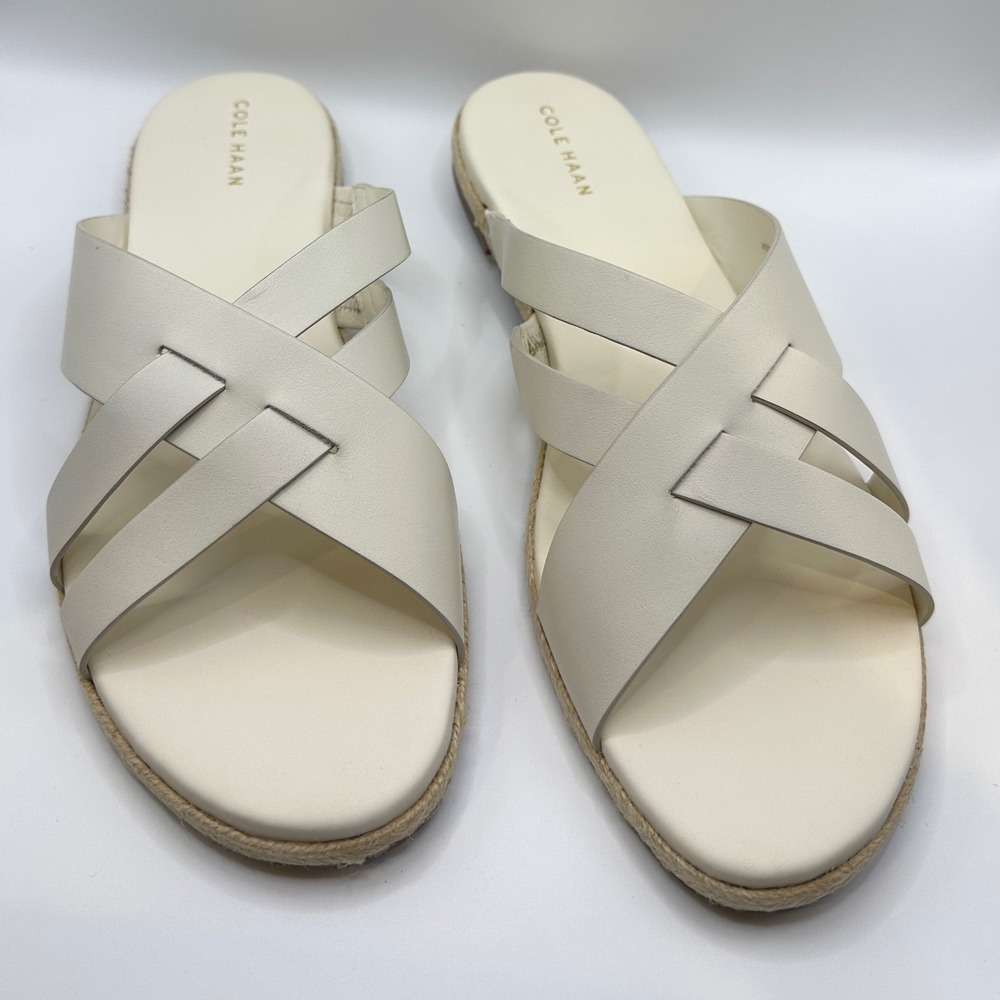 Cole Haan Womens Cream Leather Strappy Espadrille Slide Flat Sandals Size 9.5B